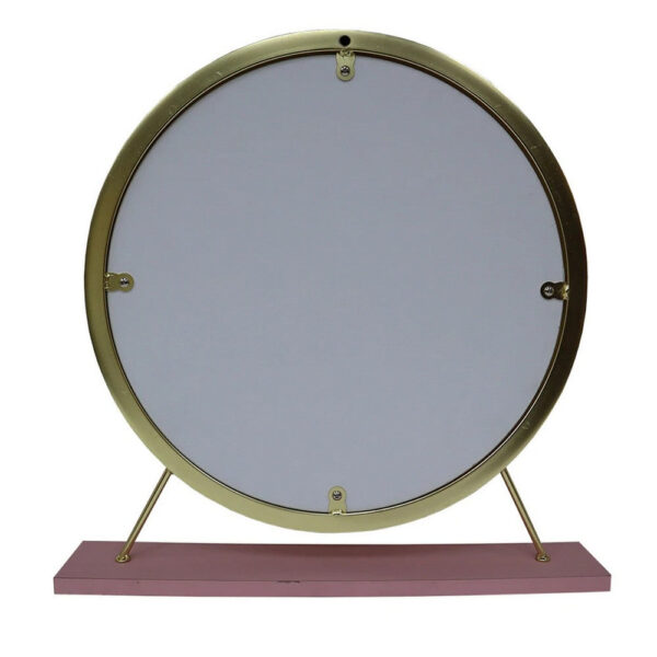 Rose Round Vanity Mirror with Stool, Faux Fur Seat, Brass. Pink