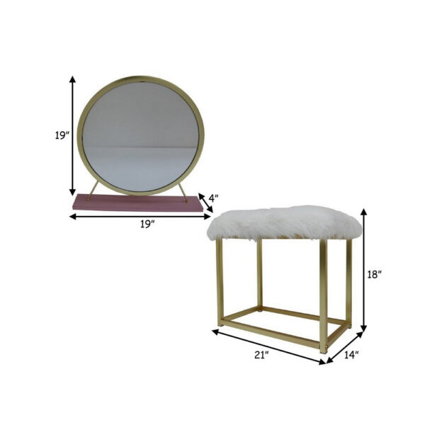 Rose Round Vanity Mirror with Stool, Faux Fur Seat, Brass. Pink