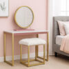 Rose Round Vanity Mirror with Stool, Faux Fur Seat, Brass. Pink