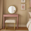 Rose Round Vanity Mirror with Stool, Faux Fur Seat, Brass. Pink