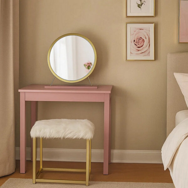 Rose Round Vanity Mirror with Stool, Faux Fur Seat, Brass. Pink