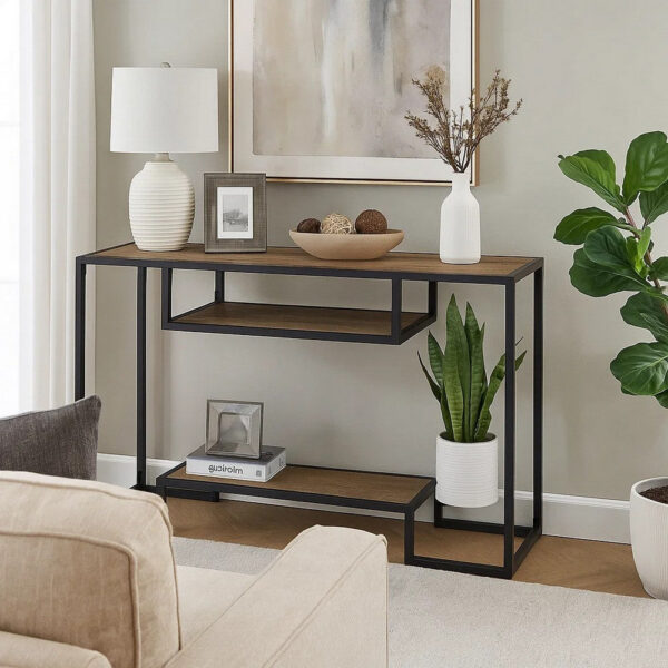 Lea 48 Inch Wood Sideboard Sofa Table, Grain Details, Metal, Rustic Oak