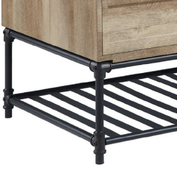 Ley 47 Inch Coffee Table, 2 Drawers, Industrial Design, Slatted Shelf, Oak