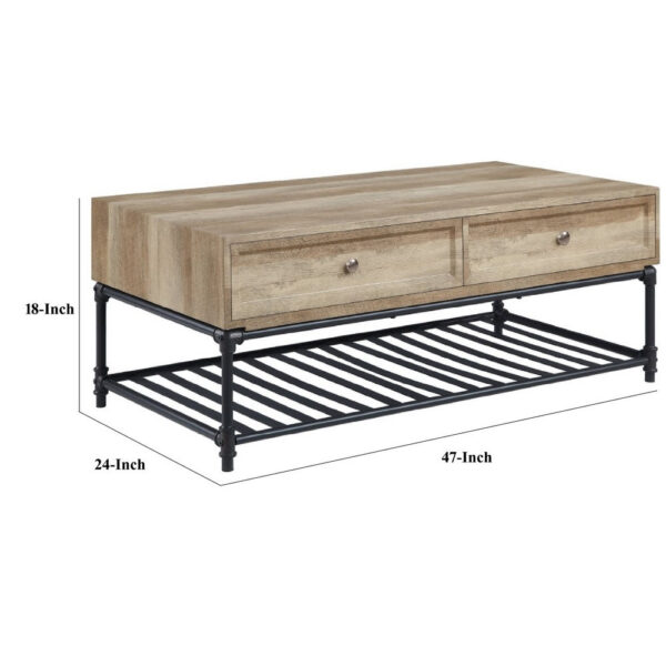 Ley 47 Inch Coffee Table, 2 Drawers, Industrial Design, Slatted Shelf, Oak