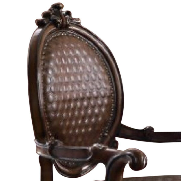 Kai 26 Inch Solid Wood Carved Armchair, Rolled Arms, Vegan Leather, Cherry