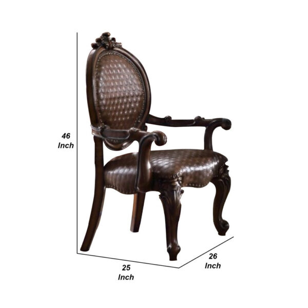 Kai 26 Inch Solid Wood Carved Armchair, Rolled Arms, Vegan Leather, Cherry