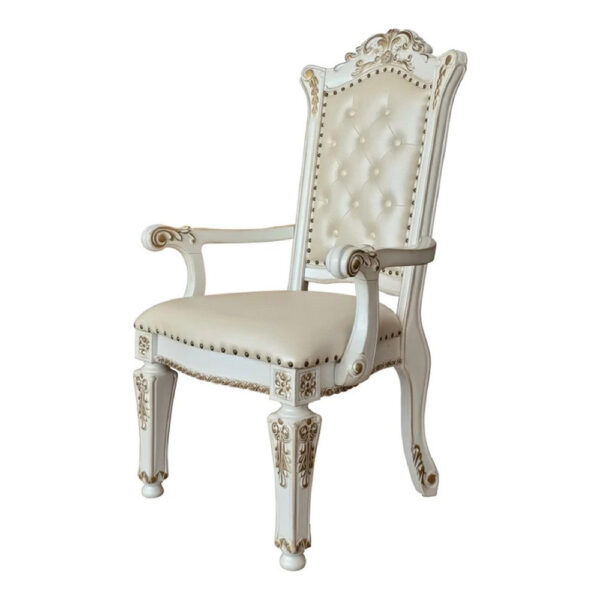 27 Inch Classic Vegan Leather Armchair, Button Tufted, Carved, White