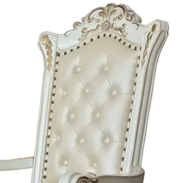 27 Inch Classic Vegan Leather Armchair, Button Tufted, Carved, White