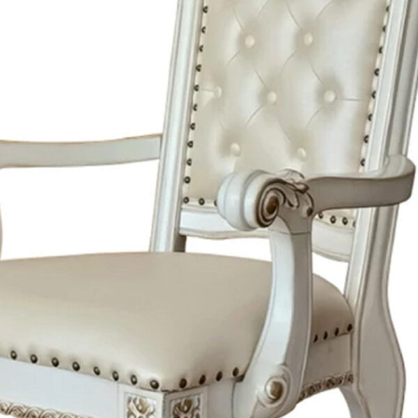 27 Inch Classic Vegan Leather Armchair, Button Tufted, Carved, White