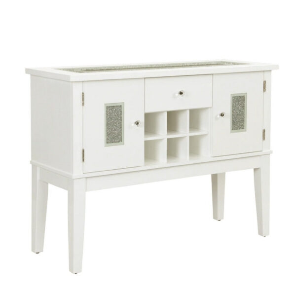 Zav 48 Inch Console Sideboard Buffet Bar Wine Cubbies, Faux Diamond Top, White