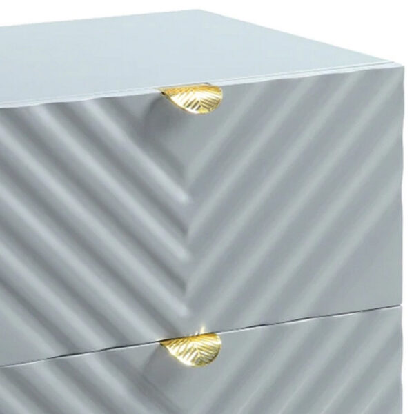 Tyra 25 Inch Wood Nightstand, Textured Wavy Design, Gold Metal Legs, Gray