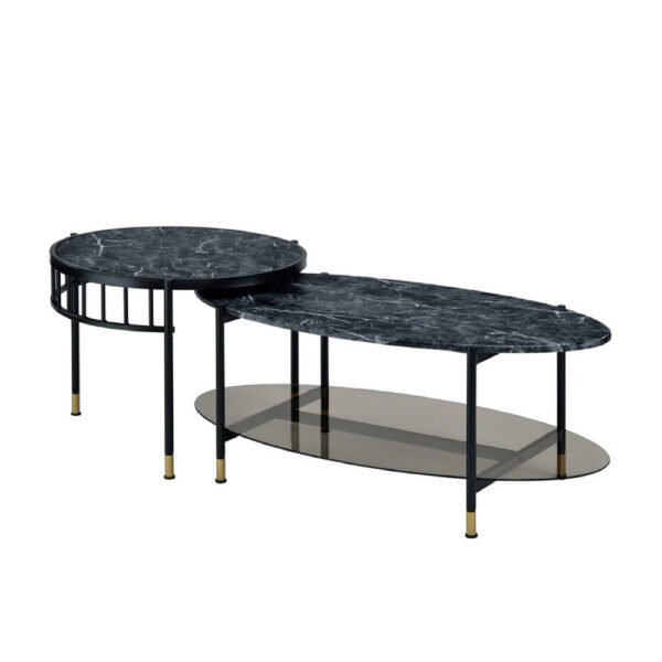 40 Inch 2 Piece Nesting Coffee Table, Faux Marble Top, Glass Shelf, Black