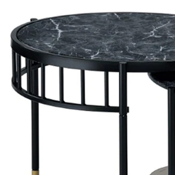 40 Inch 2 Piece Nesting Coffee Table, Faux Marble Top, Glass Shelf, Black
