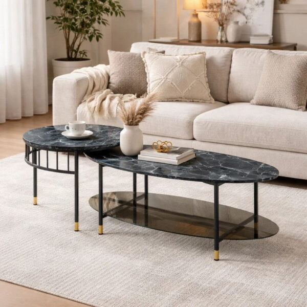 40 Inch 2 Piece Nesting Coffee Table, Faux Marble Top, Glass Shelf, Black