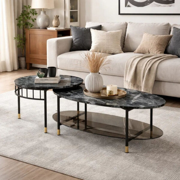 40 Inch 2 Piece Nesting Coffee Table, Faux Marble Top, Glass Shelf, Black
