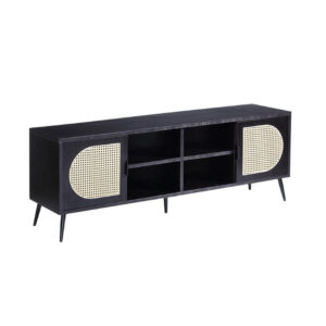 13022026698f1811689bb.jpeg 60 Inch TV Entertainment Center, Rattan Front 2 Cabinet, Metal Legs, Black