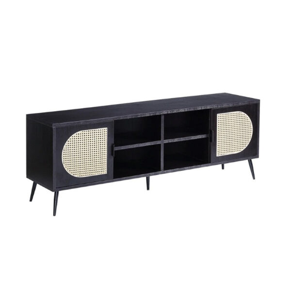 13022026698f1811689bb.jpeg 60 Inch TV Entertainment Center, Rattan Front 2 Cabinet, Metal Legs, Black