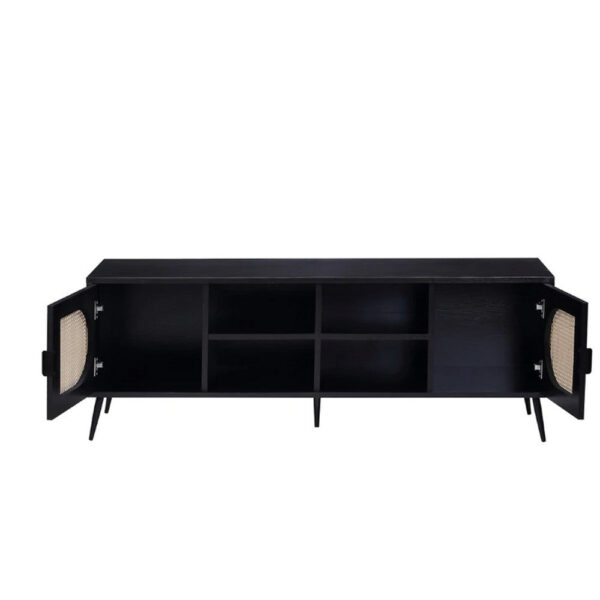 13022026698f1816e32b3.jpeg 60 Inch TV Entertainment Center, Rattan Front 2 Cabinet, Metal Legs, Black