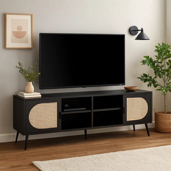 13022026698f181ed7992.jpeg 60 Inch TV Entertainment Center, Rattan Front 2 Cabinet, Metal Legs, Black
