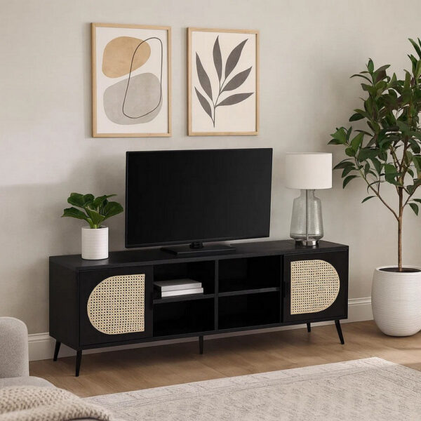 13022026698f1821ad5fa.jpeg 60 Inch TV Entertainment Center, Rattan Front 2 Cabinet, Metal Legs, Black