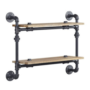 Ley 18 Inch Wood Wall Mount Double Shelf, Metal Pipe Design, Brown, Black