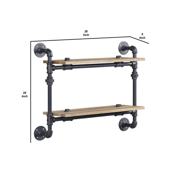 Ley 18 Inch Wood Wall Mount Double Shelf, Metal Pipe Design, Brown, Black