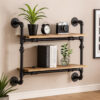 Ley 18 Inch Wood Wall Mount Double Shelf, Metal Pipe Design, Brown, Black