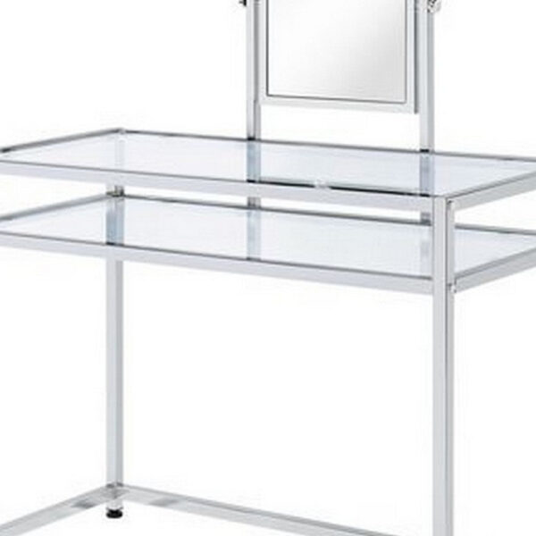 13022026698f183ff0b77.jpeg 2 Piece Metal Vanity Set, Tempered Glass, Faux Fur Seat, 1 Shelf, Silver