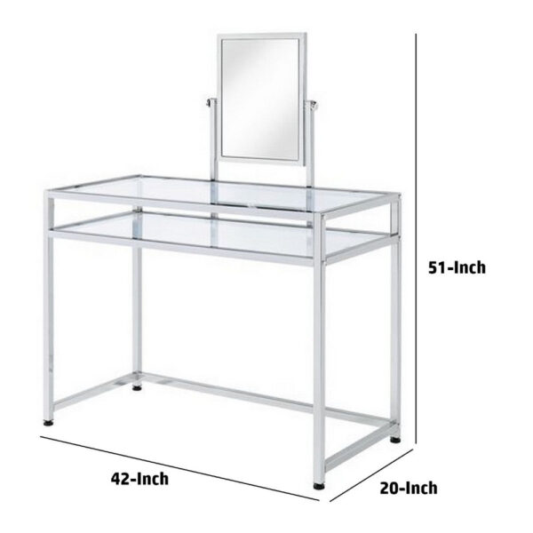 13022026698f18485698b.jpeg 2 Piece Metal Vanity Set, Tempered Glass, Faux Fur Seat, 1 Shelf, Silver