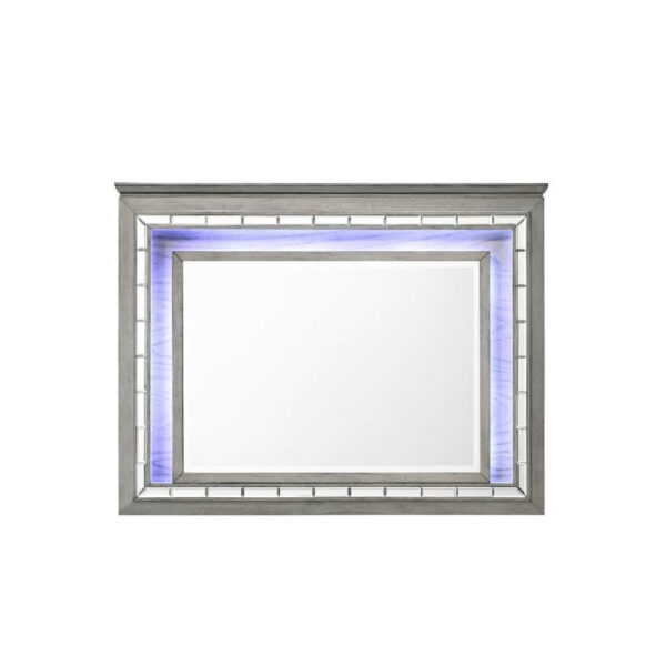 48 Inch Wood Mirror, LED, Mirrored Trim, Landscape, Light Gray