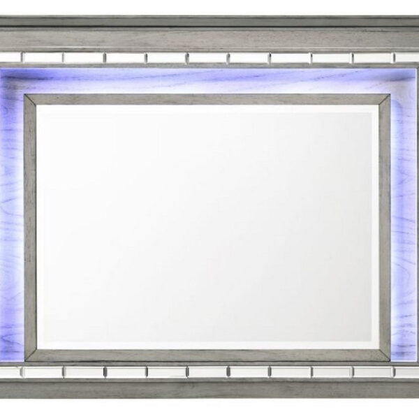 48 Inch Wood Mirror, LED, Mirrored Trim, Landscape, Light Gray
