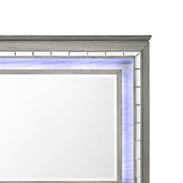 48 Inch Wood Mirror, LED, Mirrored Trim, Landscape, Light Gray