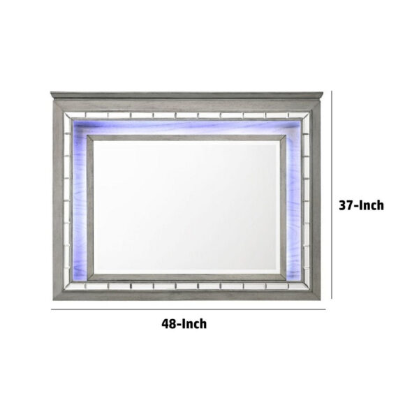 48 Inch Wood Mirror, LED, Mirrored Trim, Landscape, Light Gray