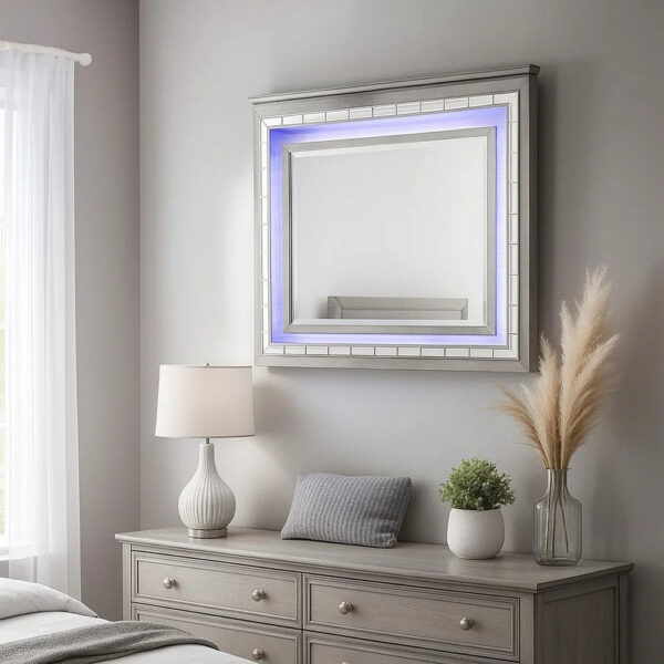 48 Inch Wood Mirror, LED, Mirrored Trim, Landscape, Light Gray
