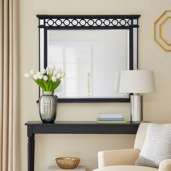 Koda 52 Inch Wall Mirror, Molded Trim, Circular Cut Out Design, Black