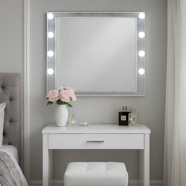 13022026698f18c092417.jpeg 41 Inch Wall Mirror, Faux Crystals Inlay, 8 Bulb Sockets, Silver