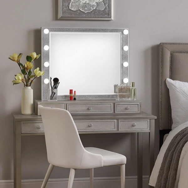 13022026698f18c334d05.jpeg 41 Inch Wall Mirror, Faux Crystals Inlay, 8 Bulb Sockets, Silver