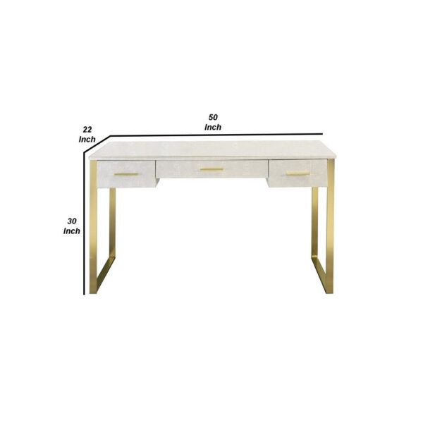 San 50 Inch Textured Vanity Desk with Round Mirror, Gold Sled Base, White