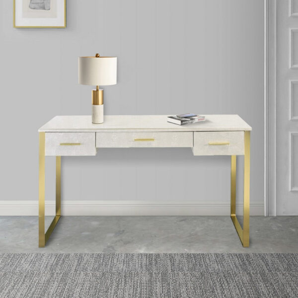 San 50 Inch Textured Vanity Desk with Round Mirror, Gold Sled Base, White