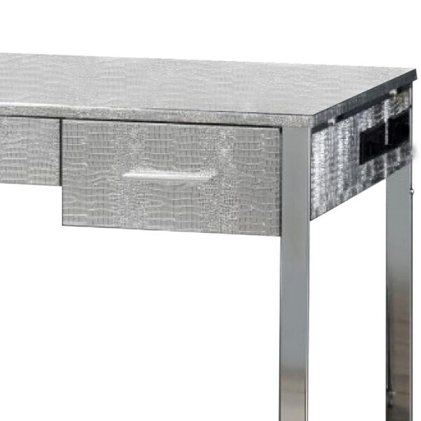 San 50 Inch Textured Vanity Desk with Round Mirror, Metal Sled Base, Chrome