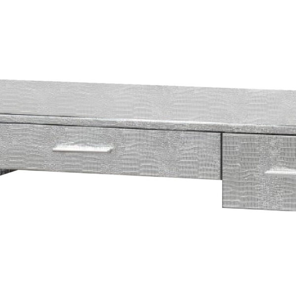 San 50 Inch Textured Vanity Desk with Round Mirror, Metal Sled Base, Chrome