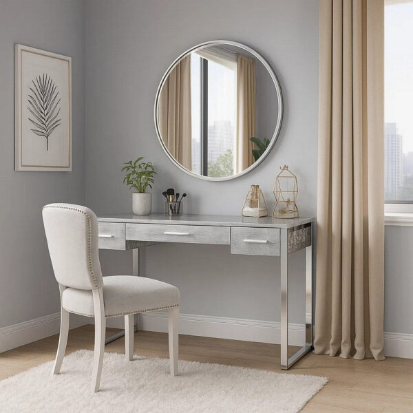 San 50 Inch Textured Vanity Desk with Round Mirror, Metal Sled Base, Chrome