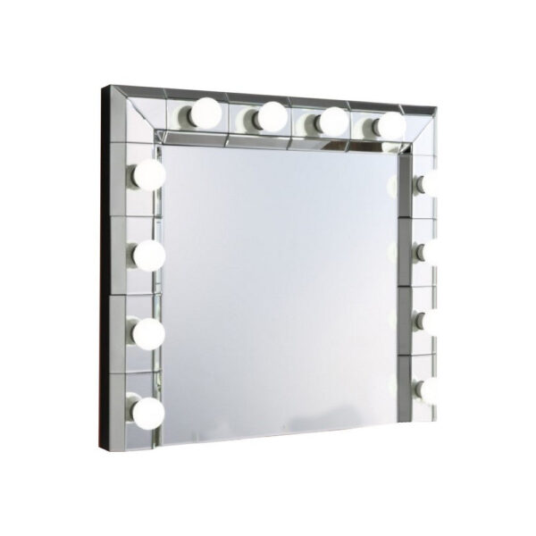 32 Inch Square Lighted Wall Mirror, 12 Bulb Sockets, Mirrored Frame, Silver