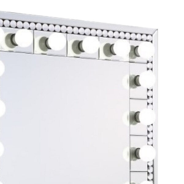 Rose 32 Inch Vanity Lighted Wall Mirror, 11 Bulbs, Faux Diamond, Silver