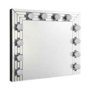 Zaff 32 Inch Modern Glam Lighted Mirror, 12 Sockets, Faux Diamonds, Silver