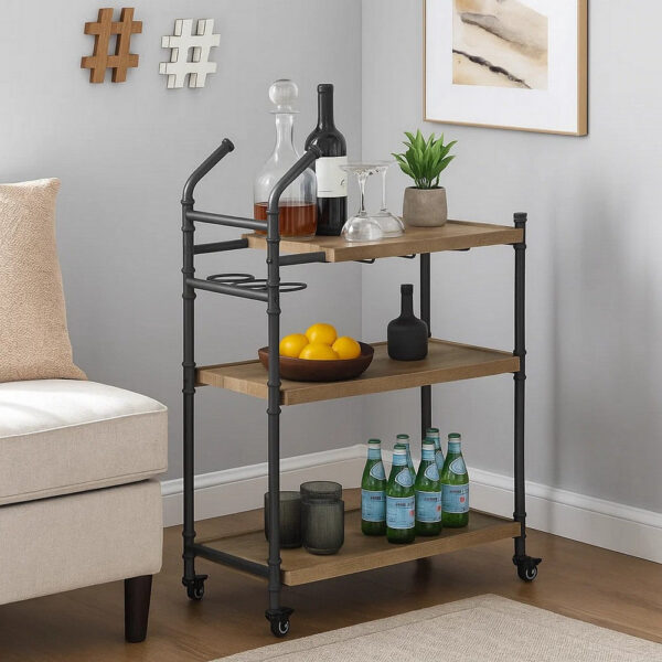 13022026698f19415addb.jpeg Vida 38 Inch Serving Bar Cart, Pipe Frame, Locking Casters, Brown, Black