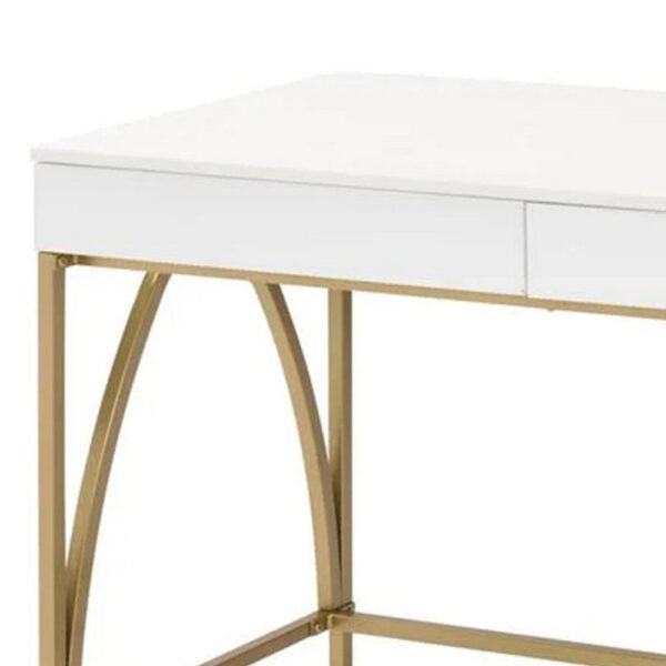50 Inch Desk Console Table, 2 Drawers, Metal Inverted U Frame, White, Gold
