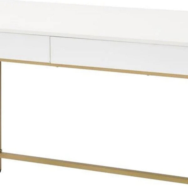 50 Inch Desk Console Table, 2 Drawers, Metal Inverted U Frame, White, Gold