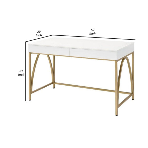 50 Inch Desk Console Table, 2 Drawers, Metal Inverted U Frame, White, Gold