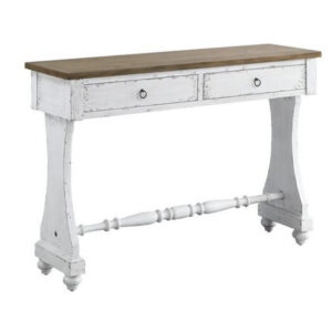 48 Inch 2 Drawer Console Table, Ring Metal Handles, Distressed White